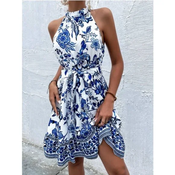 Blue And White Boho Women's Floral Print Belted Halter Dress Vacation Beach - Picture 6 of 6